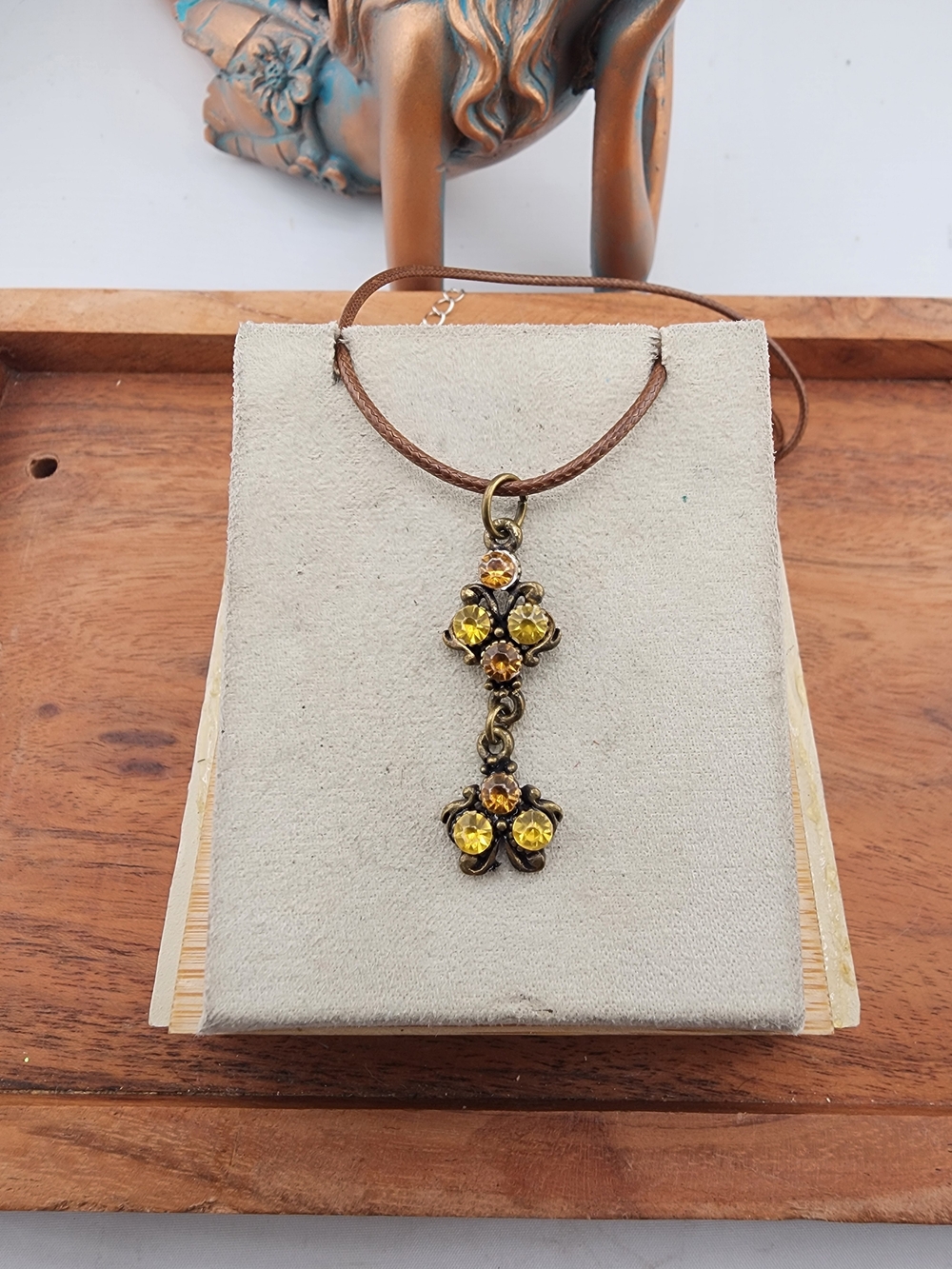 Antique Gold-Tone Yellow Crystal Cross Pendant Necklace for Women